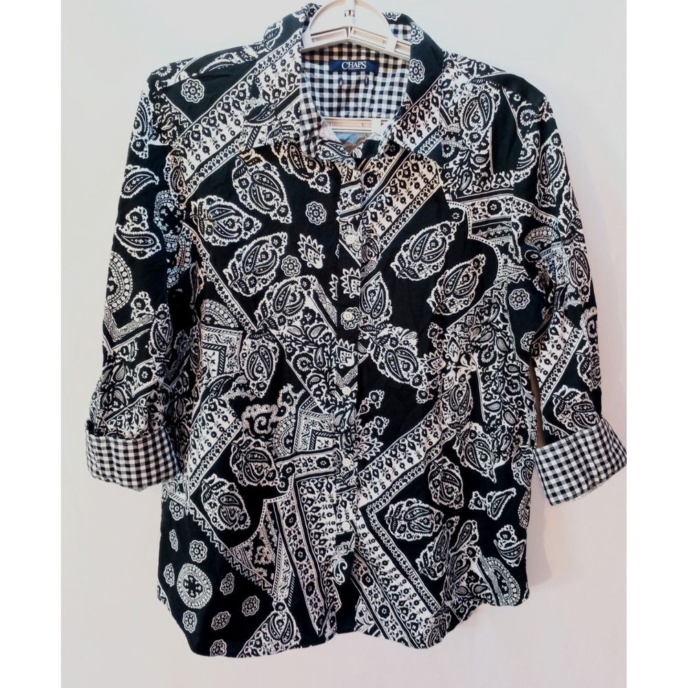 Chaps Flip Cuff No Iron Women's Button Up Shirt Top, Large, Black White Paisley